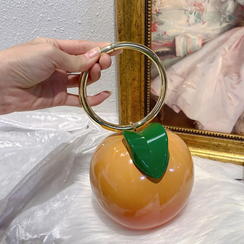 

Cute Fruit Shaped Handbag With Metal Ring Handle Peach Persimmon Shaped Box Banquetbag Coin Purse Lipstick Storage Crossbody Bag