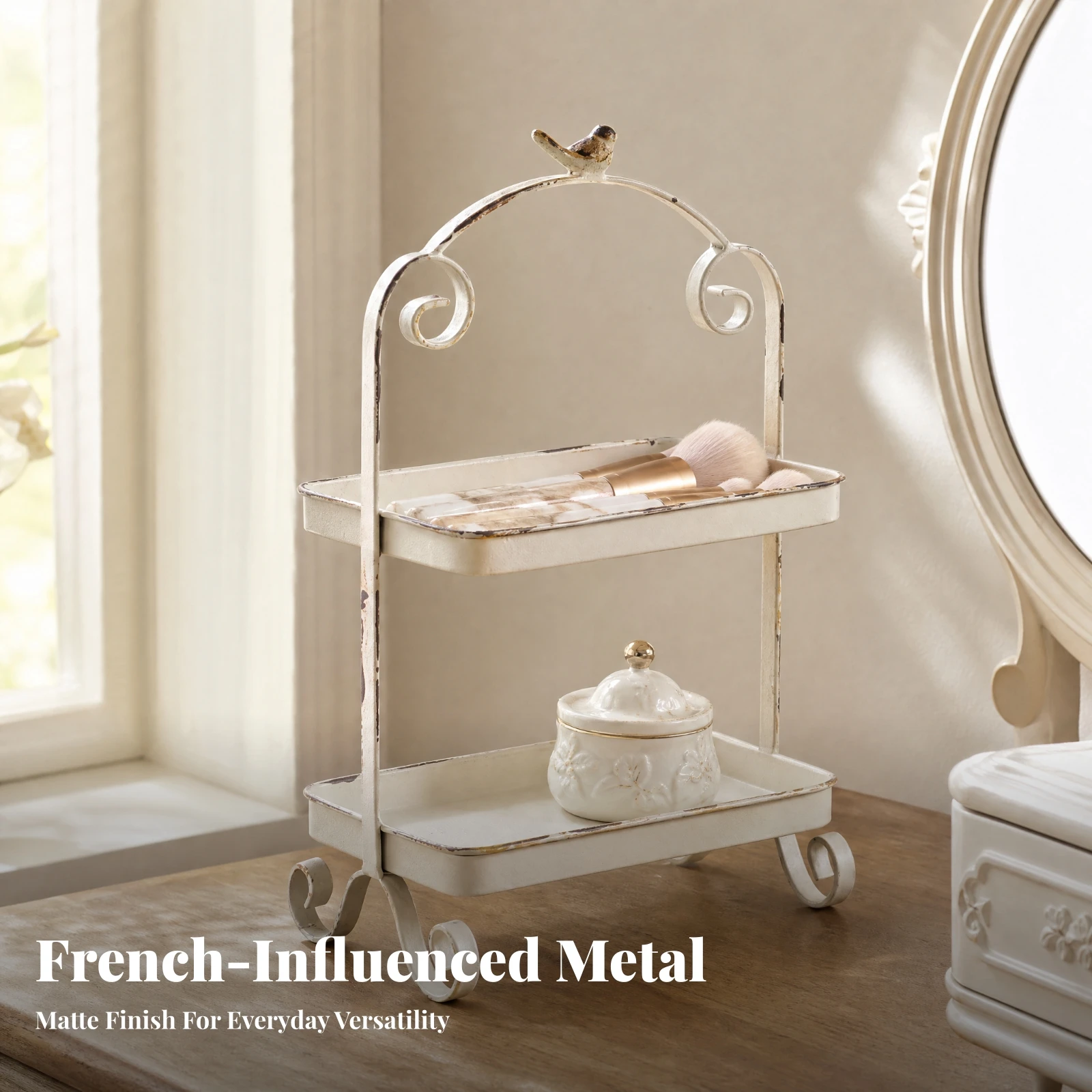 Two-Tier Storage Basket Multipurpose Desktop Organizer with Trays Double Tier Bird Cage Display Stand Space Saving