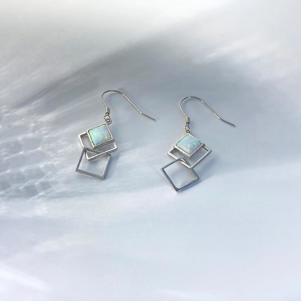 Geometric Square Pendant Stud Earrings for Women 925 Silver Opal Jewelry Earrings