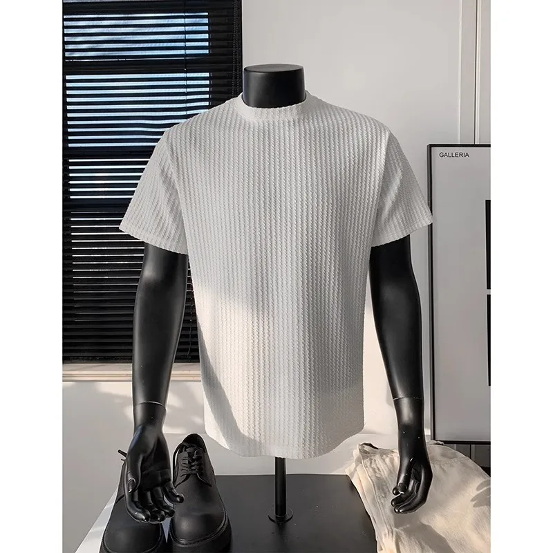 Men's Loose Casual Crew Neck Short Sleeve Ice Silk Rib Texture Breathable Cool Slim Fit Commute Trendy Simple Versatile T-Shirt