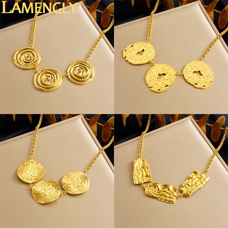 LAMENGLY 316L Stainless Steel Golden Irregular Line Disc  Pendant Necklace For Women Niche Personalized Neck Chain Jewelry Gift