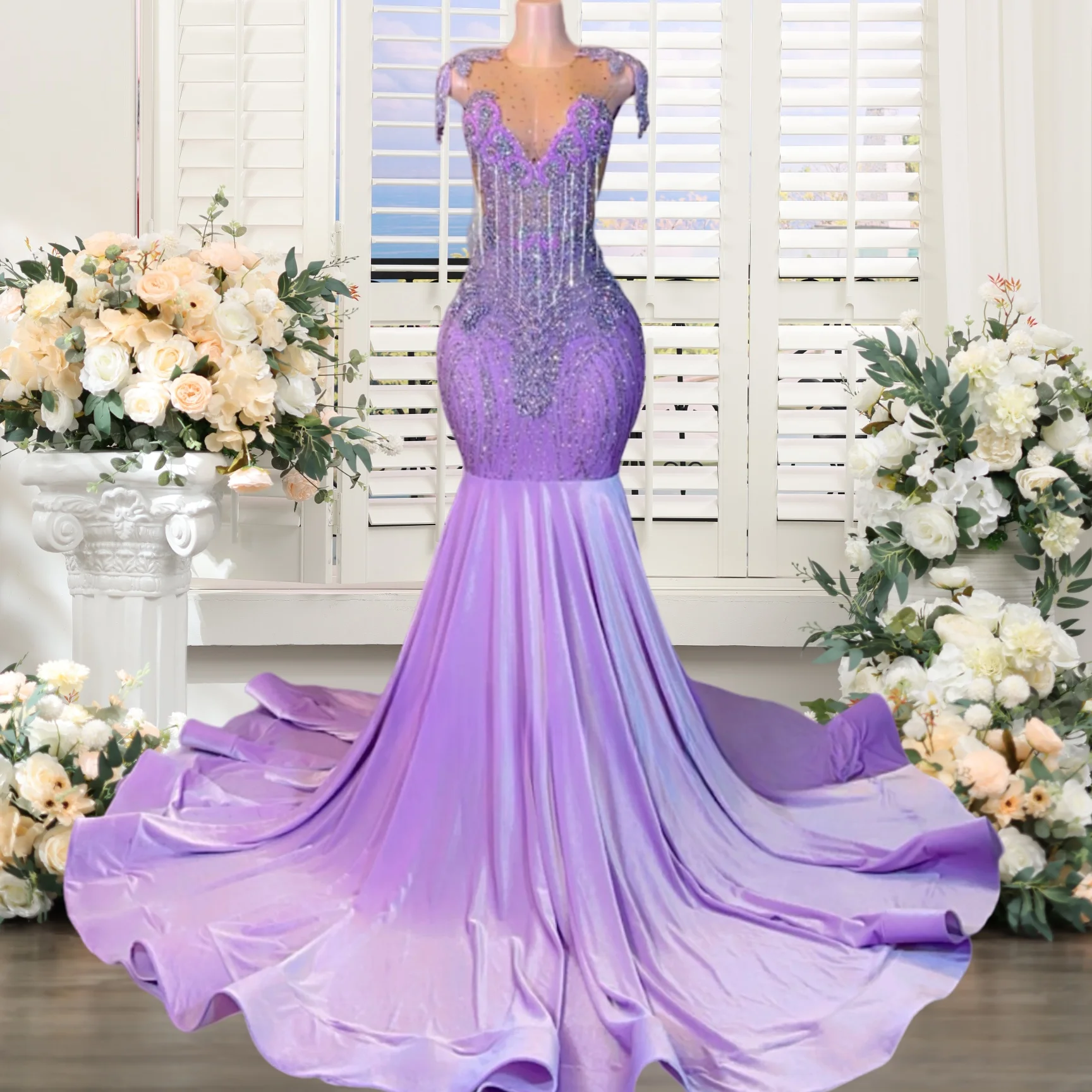 Lilac Mermaid Satin Prom Dresses Long for Women 2025 Crystal Diamond Formal Tassel Evening  Gowns