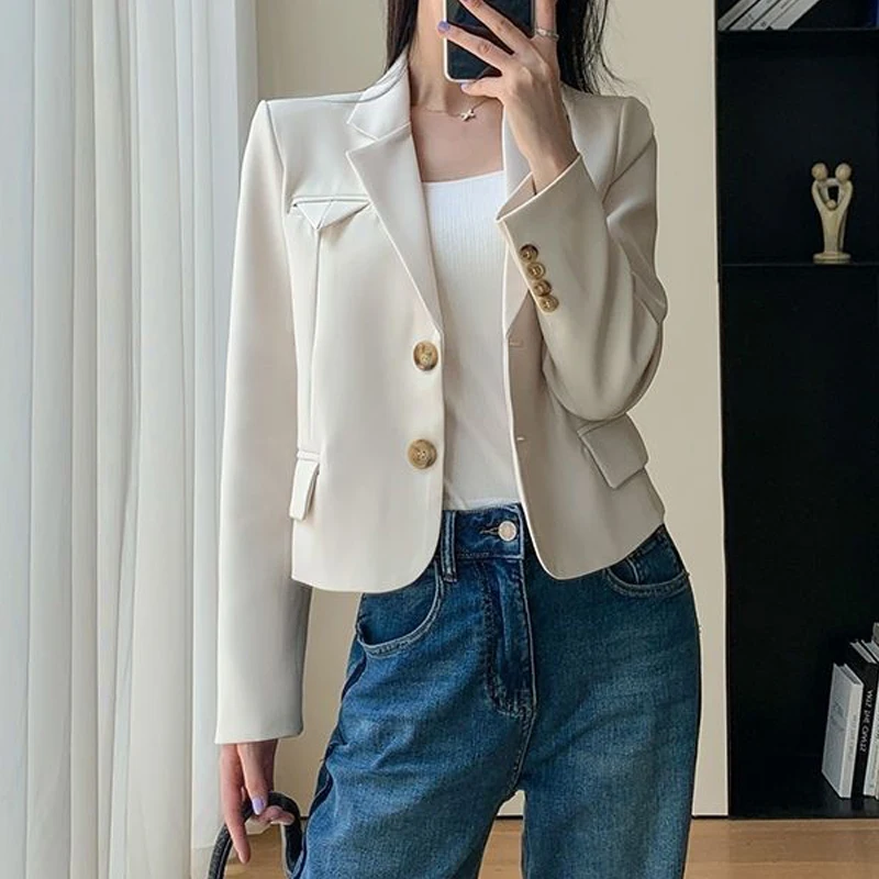 Women Clothing Spring Autumn Simple Chic Cropped Single Breasted Blazer Korean Fashion Notched Long Sleeve Slim Fit Suit Jacket