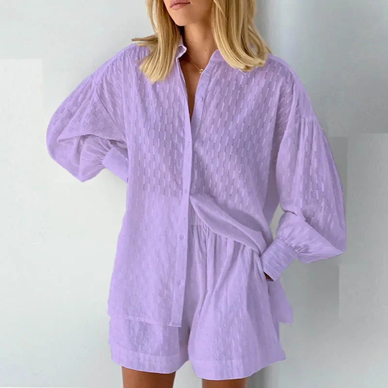 2024 Summer Women White Shorts Sets Hollow Loose Shirt And Shorts Suit 2 Piece Set Fabric Lantern Sleeve Female Outfits Homewear