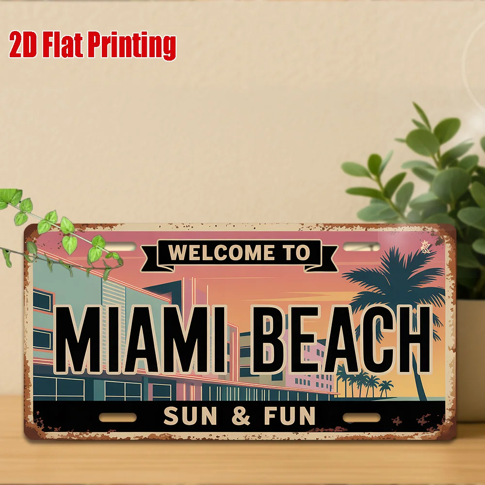 2D Flat, 2D Flat Printing, 1pc, Vintage Metal Sign, for Decorationg Only, Outdoor Wall Art (29.97cm * 14.99cm), MIAMI BEACH Alum