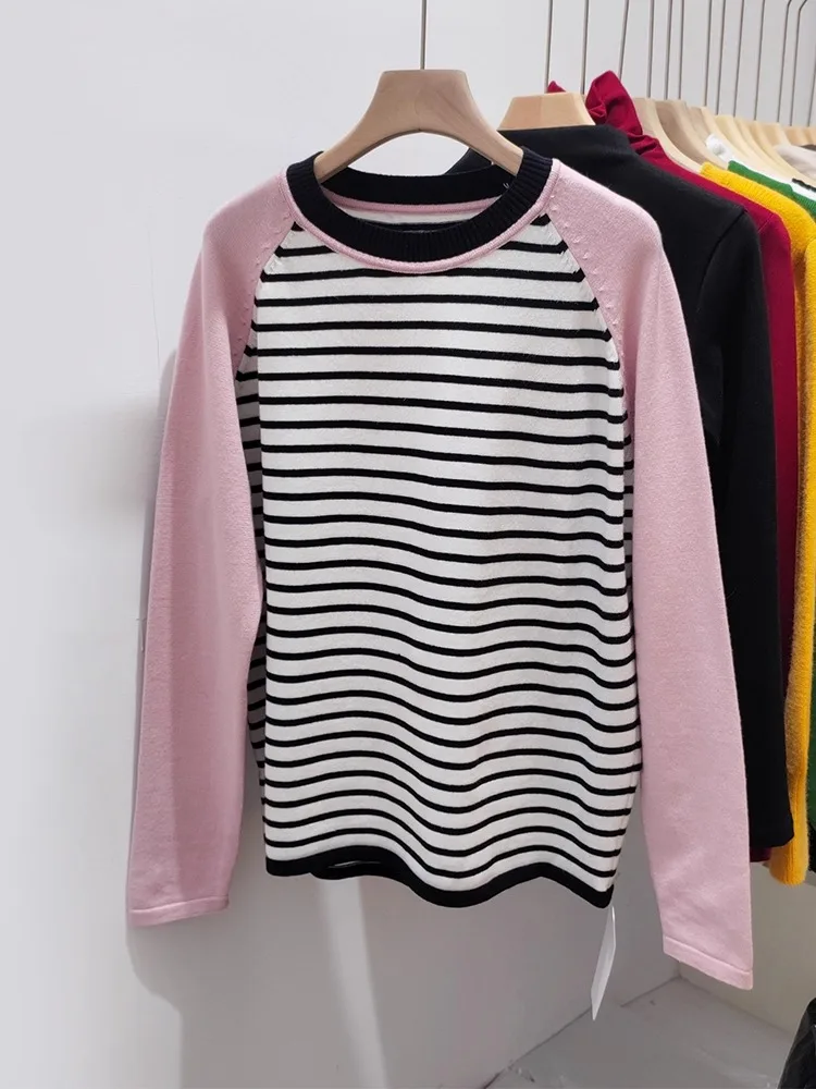 

Slimming Loose Knitted round Ne Sweater for Women Anti-Aging Color Blo Striped Base Layer Top Korean Sle Autumn Winter