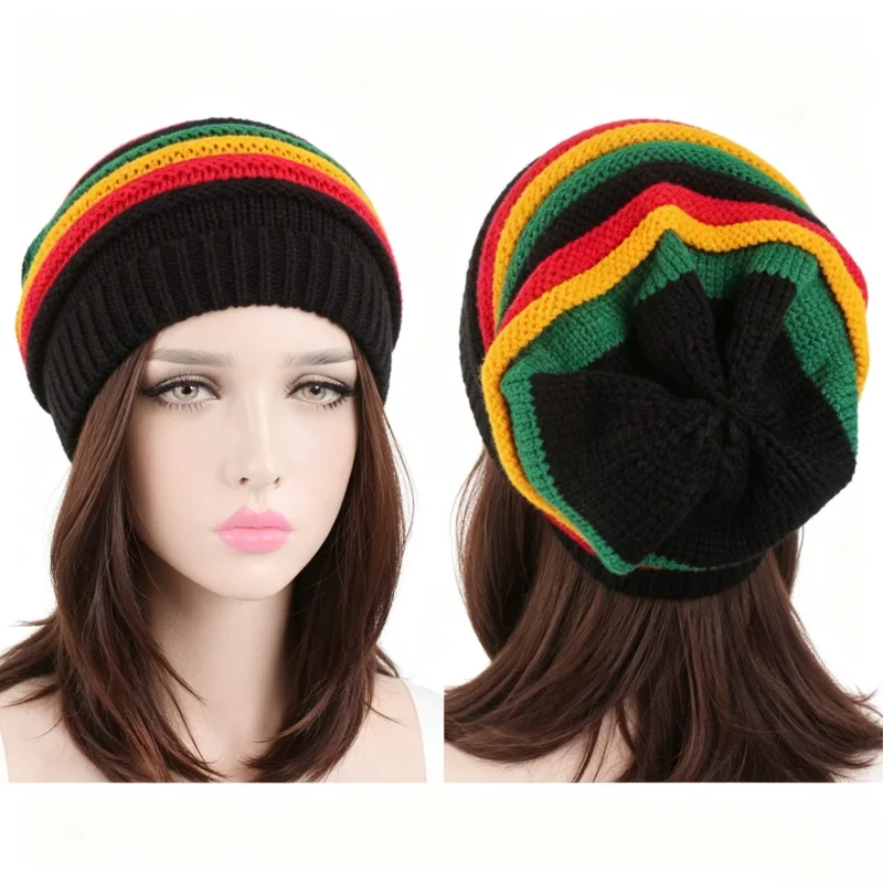Colorful Stripe Printed Knitted Hat Jamaican Rasta Reggae Beret Cap Winter Warm Beanie Cap Men Women Christmas Xmas Bonnet Hat view 3