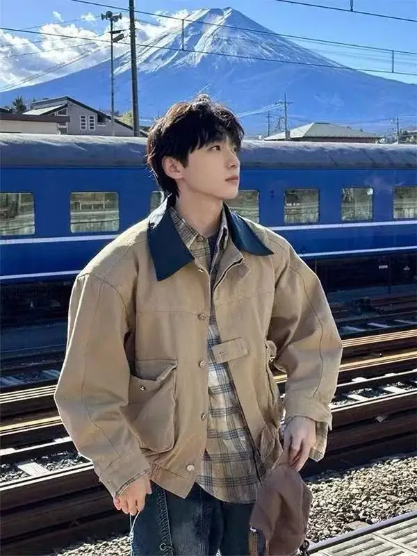 

Khaki Color Collar Flight Jaet Vintage American Sle for Men And Women Early Autumn Faion Barn Windbreaker Long Sve Coat