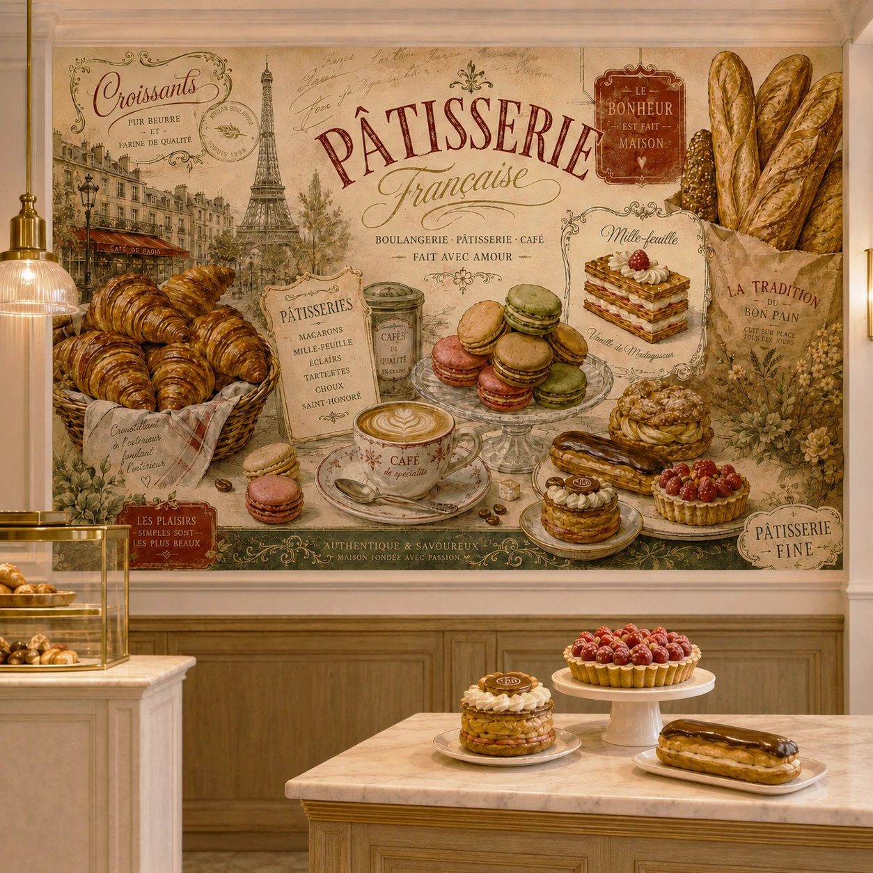 Vintage French Patisserie Wall Mural Wallpaper Croissant Bakery Cafe Restaurant Retro Dessert Poster Wall Decor NonSelf Adhesive