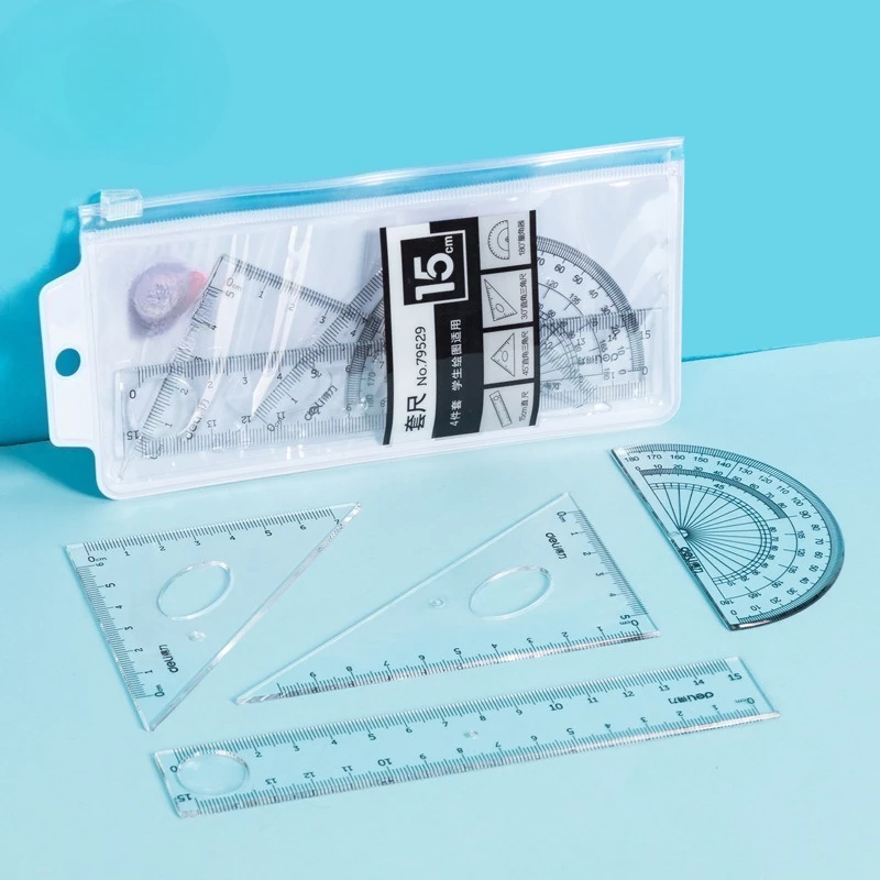 Deli Student Geometry Set 4pcs 15cm Ruler Triangle Protractor for Primary School Kids