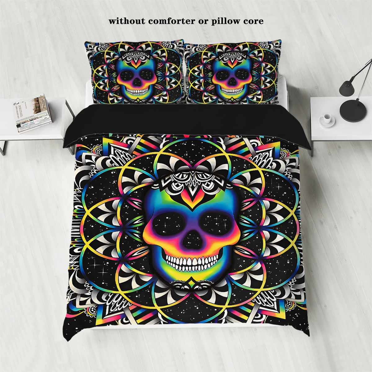 3-piece down duvet cover set with skull flower pattern print (1 duvet cover+2 pillowcases, no core) Halloween themed bedding set
