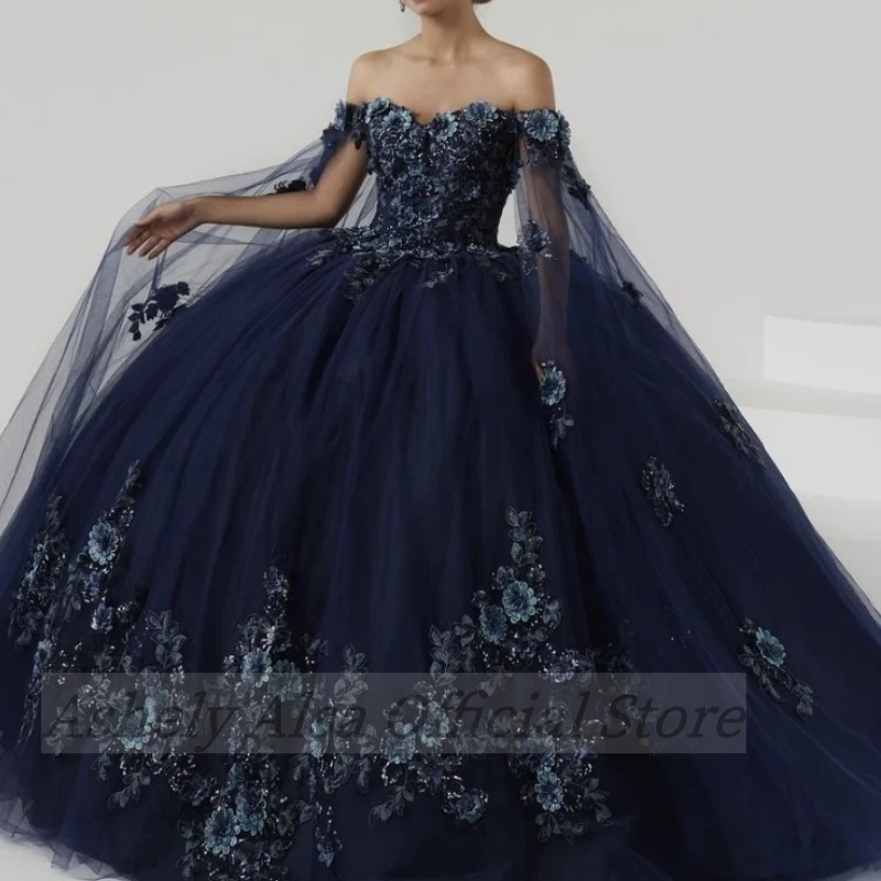 Customized Luxury Navy Blue Women Birthday Party Dress Off Shoulder Flower Ball Gown Vestidos De 15 Quinceañera Sweet 16 14 VX