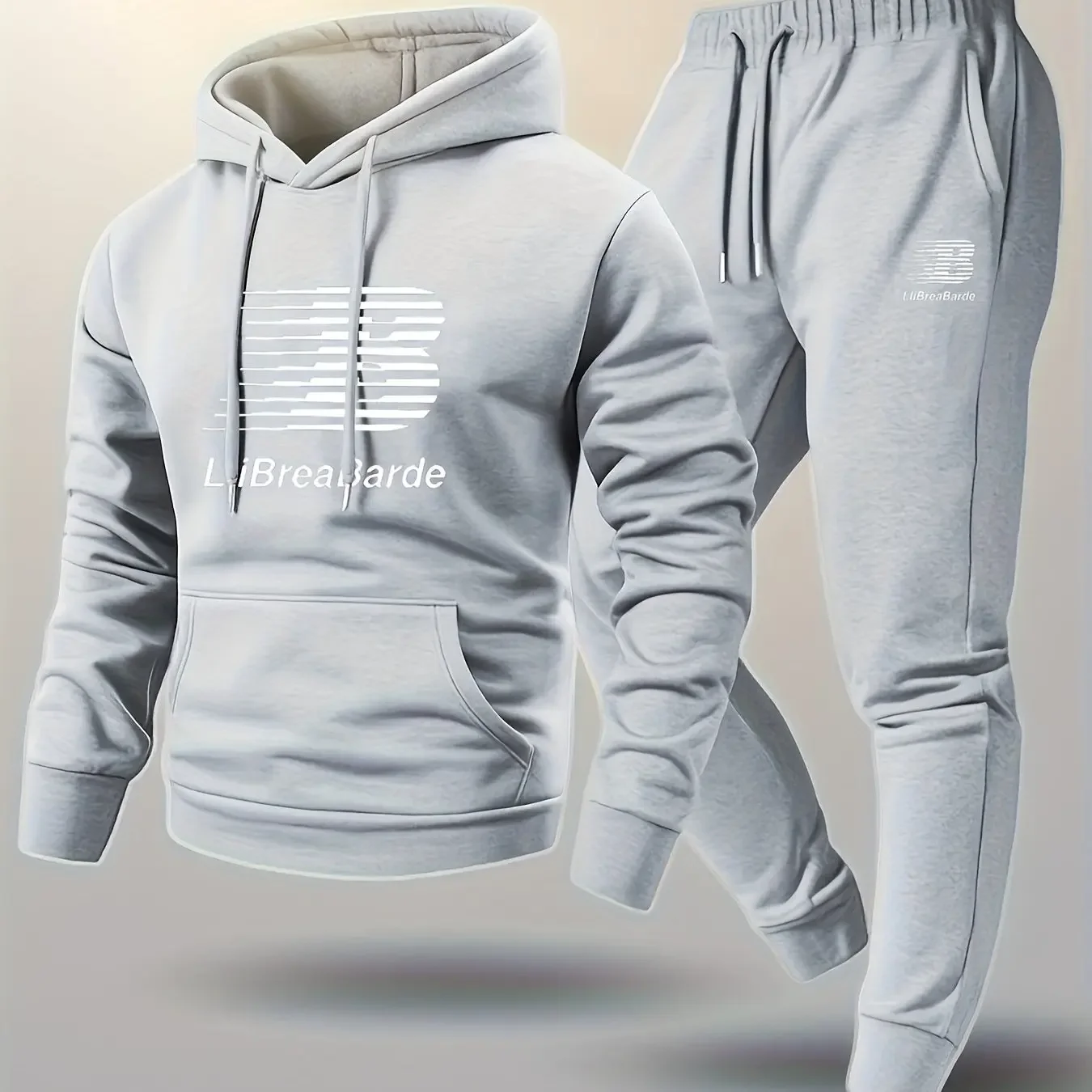 Autumn Winter Men's Casual Warm Outfit Printed Hooded Sweatshirt + Long Pants 2 Piece Set Comfortable Sportswear view 3