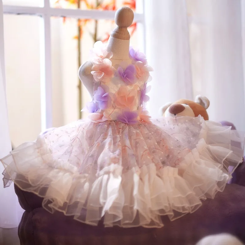 Pink Detachable Dual-Wear Pet Princess Dress 3D Flower Lace Multi-Layer Ruffle Tulle Train Gown Summer Formal Outfit for Pets