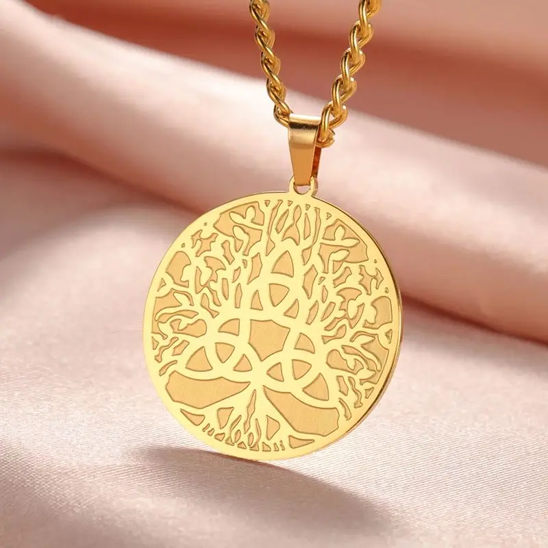 Dawapara Trinity Knot Tree of Life Necklace Irish Triquetra Pendant Moon Phase Goddess Symbol Stainless Steel Religious Jewelry