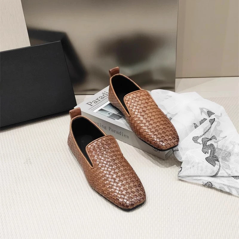 2024 Spring New Square Head Women\'s Shoes Cowhide woven lazy shoes Lefu shoes Breathable casual shoes
