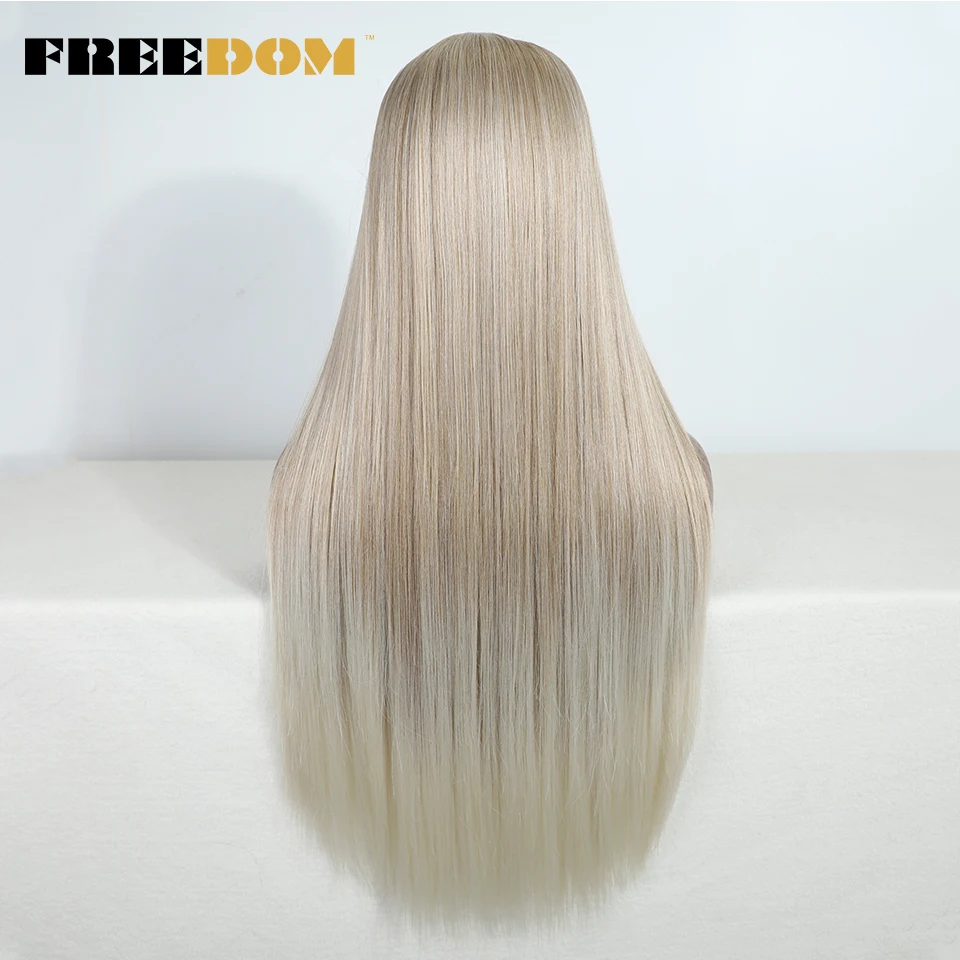 FREEDOM Lange Gerade Synthetische Lace-Front-Perücken für Frauen 30 Zoll Ombre Blau Blond Lace-Perücke Einfach zu Tragende Cosplay-Perücke – Detail 4
