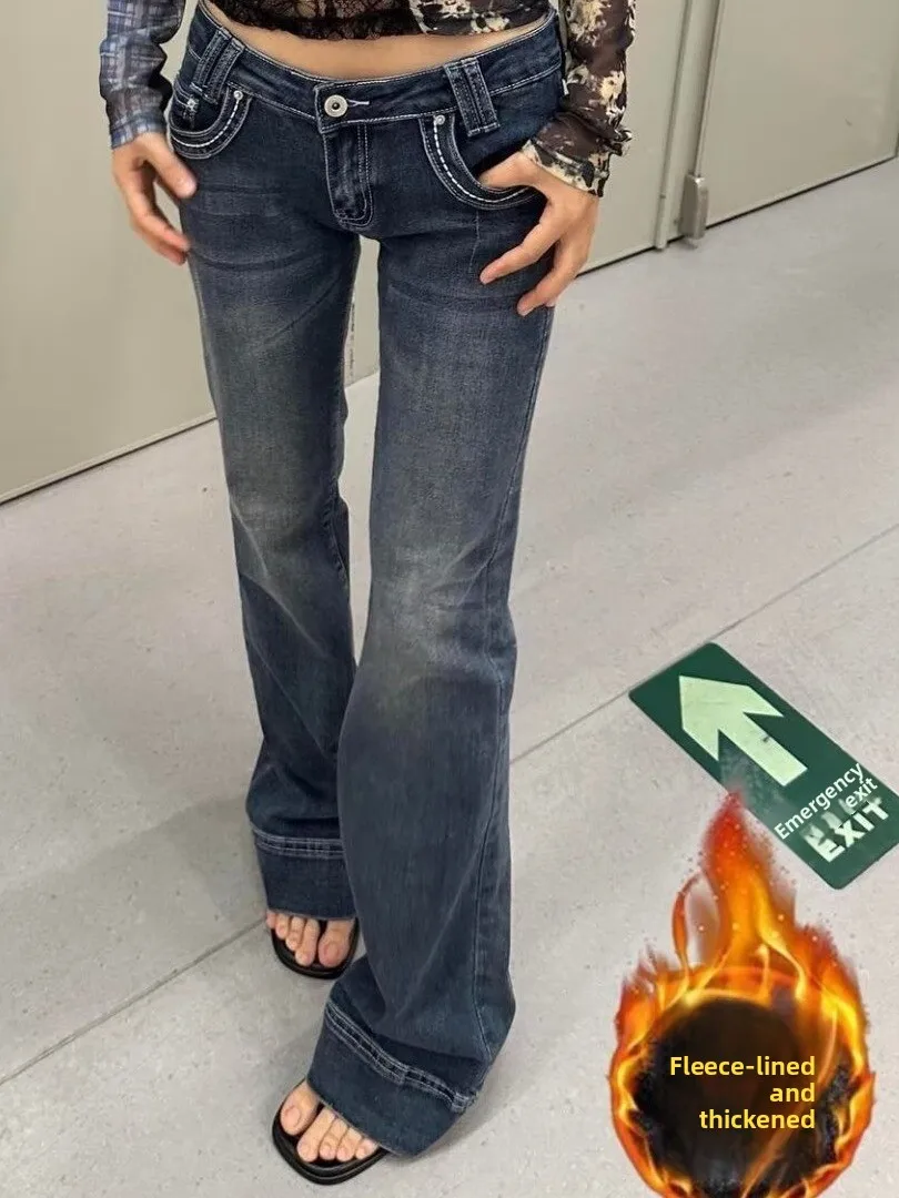Retro Blue Thickened Bell Bottom Jeans Women's Autumn Winter New Large Size Fat MM Low Waist Slim Hiding Hip Elastic Bell Pants