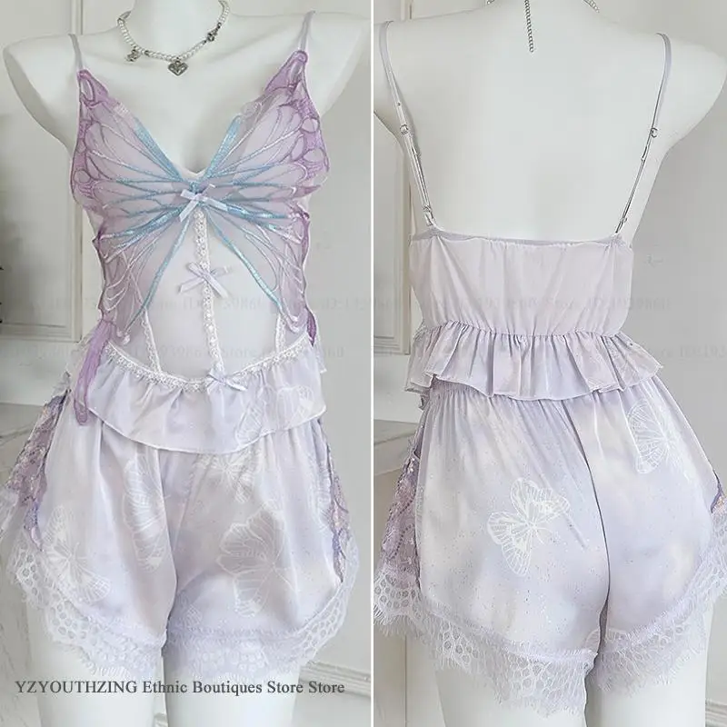 

Butterfly Lace Suspender Lingerie Pajamas Set Sexy Mesh Cami Shorts Pijamas Suit Women Sleepwear Young Girl Homewear Loungewear