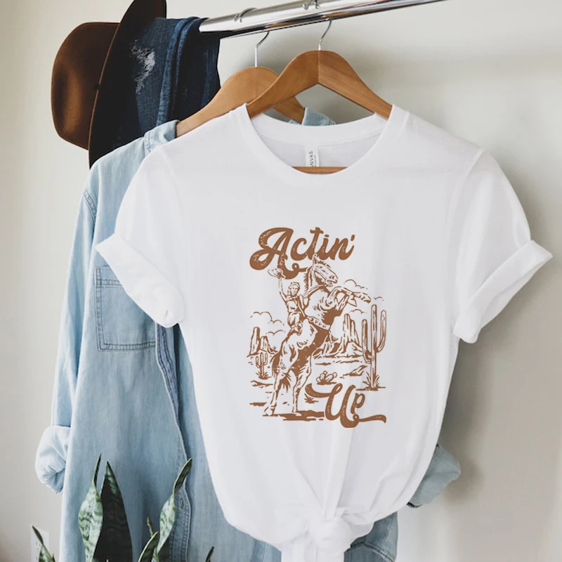 Actin Up Retro Western Rodeo T-Shirts for Women Vintage Boho Country Music T Shirt Short Sleeve Cowgirl Graphic Tees Clothes