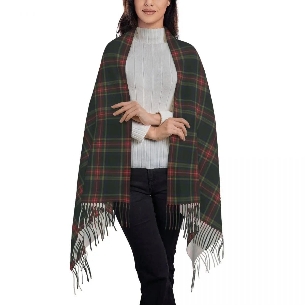 Lady Long Stewart Black Tartan Scarves Women Winter Fall Thick Warm Tassel Shawl Wrap Scotland Scottish Art Scarf