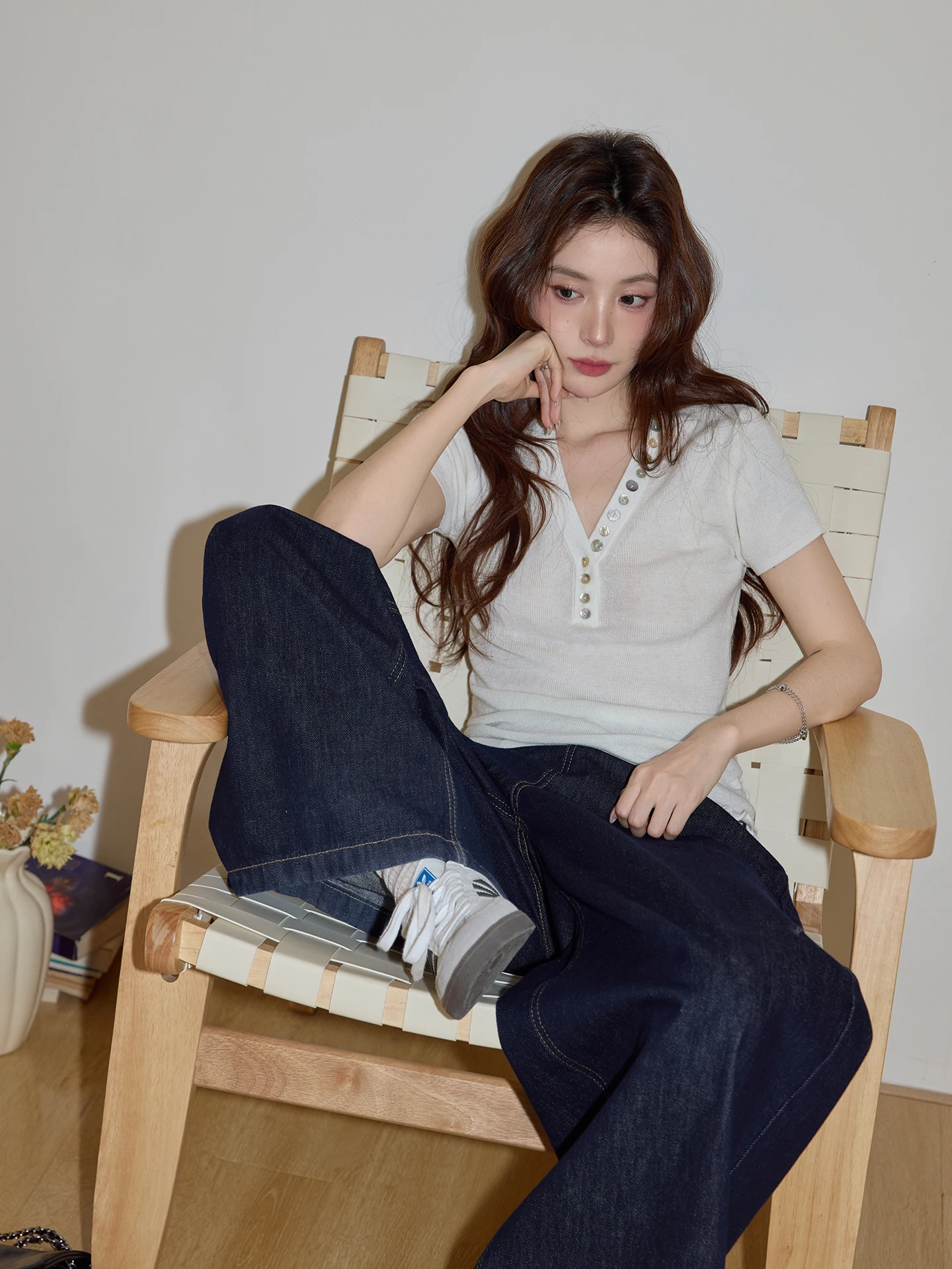 

Chaocha Home White V-Ne Knitted Top Women's Spring Thin High-Quali Slim ort Sve Wood ain Casual Sle Faion
