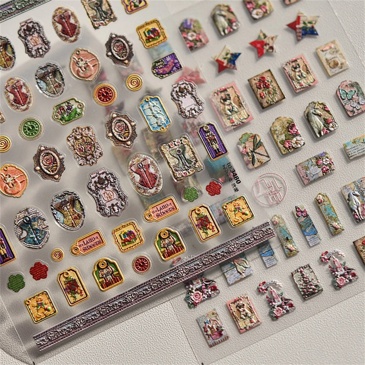 1pcs 5D 2024New English Retro Nail Stickers Japanese Luxury Relief Self Adhesive Slider Nail Art Decoration Decals Supplies DIY