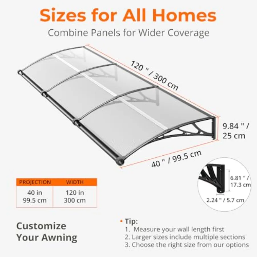 Door Awning Polycarbonate Overhang Canopy UV Protection Rain Proof