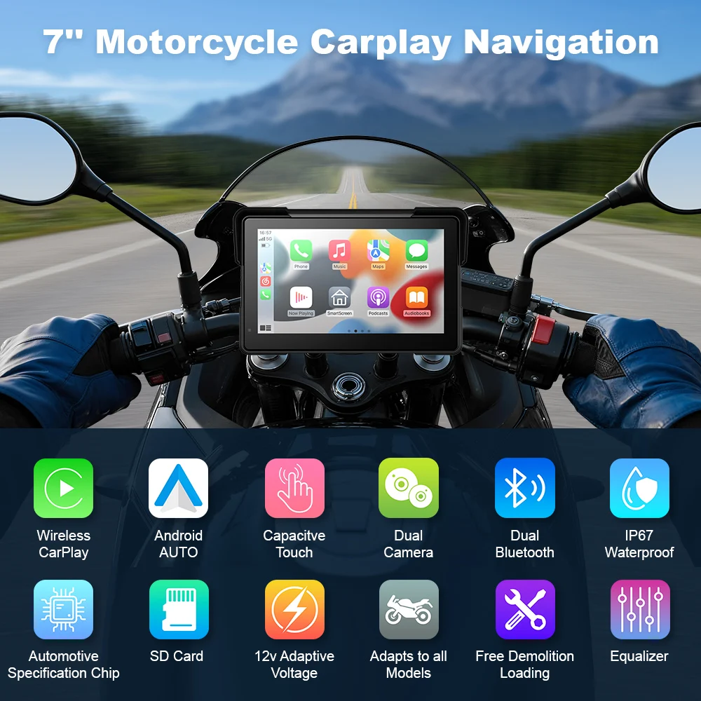 7inch Touch Screen GPS Navigator Motorcycle Wireless CarPlay Android Auto 2K+2K Dual DVR Moto Monitor IPX7 Waterproof ZC18+TPMS