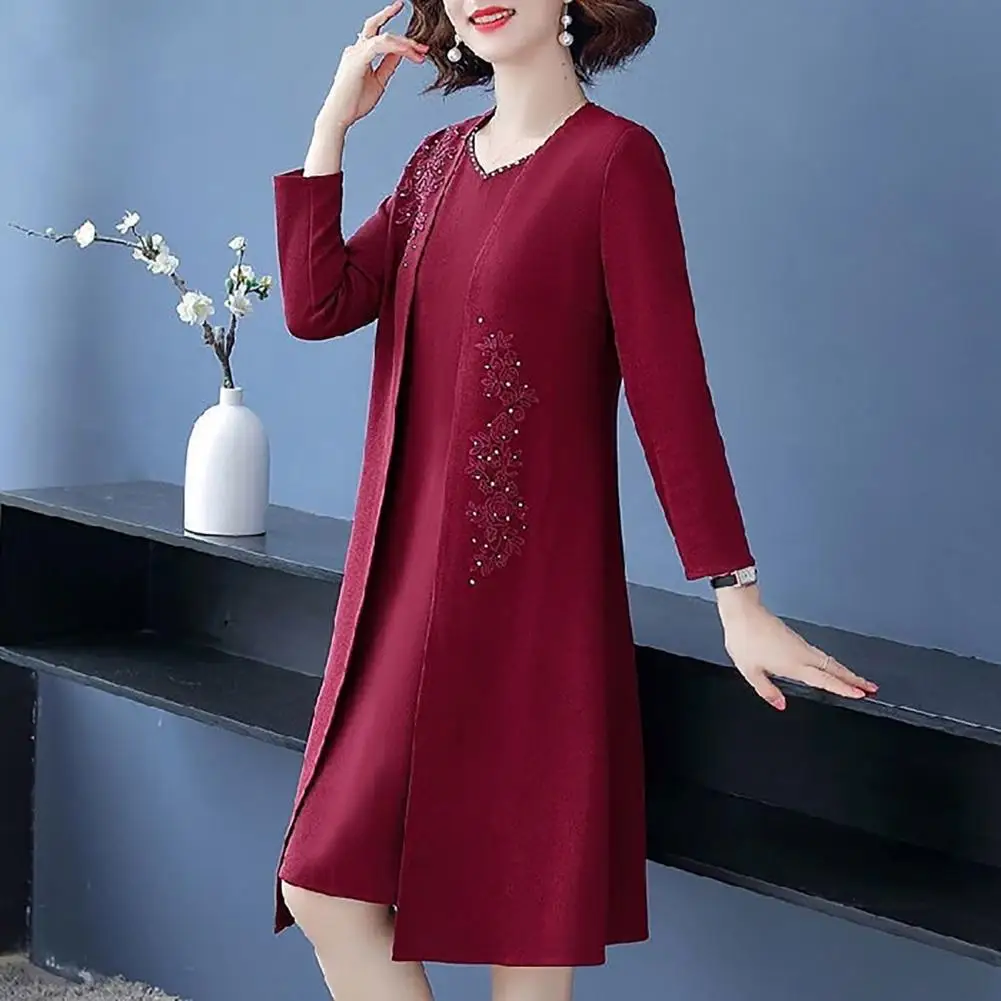 Women Dress Suit Solid Color Long Coat Dress Set Elegant Women\'s Coat Dress Set with Flower Embroidered Mid Length Coat V Neck