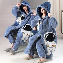 Couples Night-robe Pajamas Women Men Cartoon Astronaut Hooded Robe Winter Coral Velvet Men Pijama Thick Plush Kawaii Robe