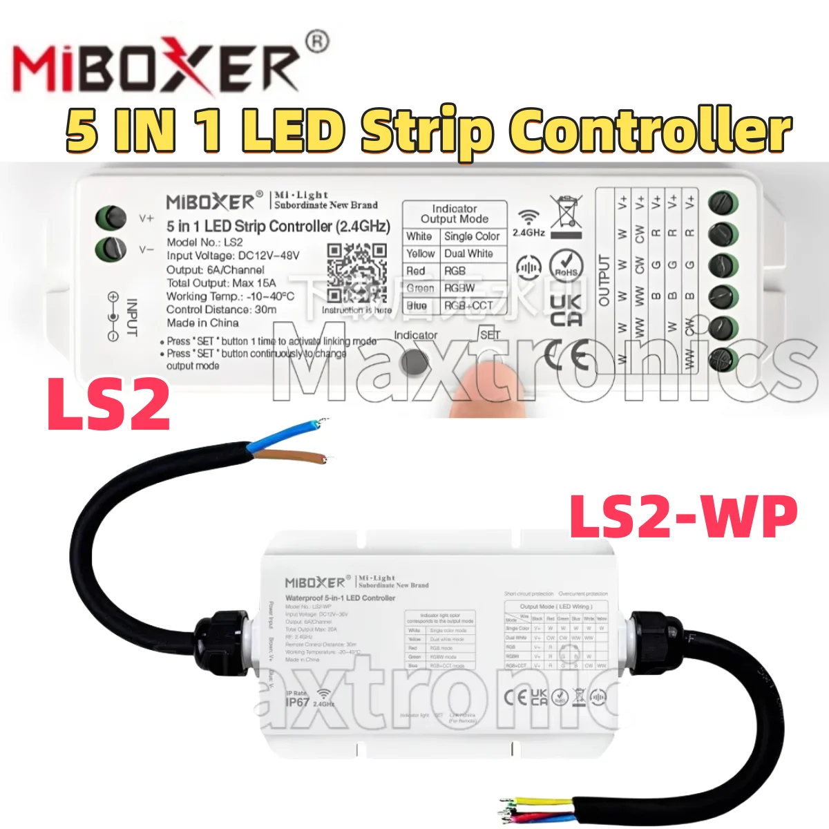 2.4GHz RF MiBoxer 5-in-1 LED Strip Controller LS2/LS2-WP for Adjustable Brightness Single Color/CCT/RGB/RGBW/RGB+CCT LED Lamp