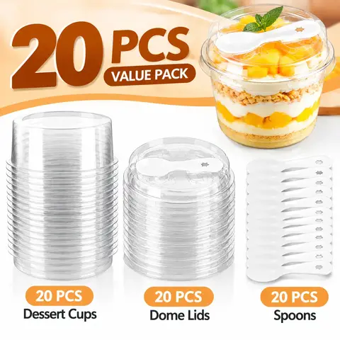 20 Pack 8.5oz Clear Plastic Dessert Cups with Lids and Spoons,Reusable Round Yogurt Parfait Pudding Mousse Jelly Cups,Single Serve Party Cups for Fruit Ice Cream Appetizer,Stackable To Go Snack Containers for Picnic Wedding Birthday Graduation