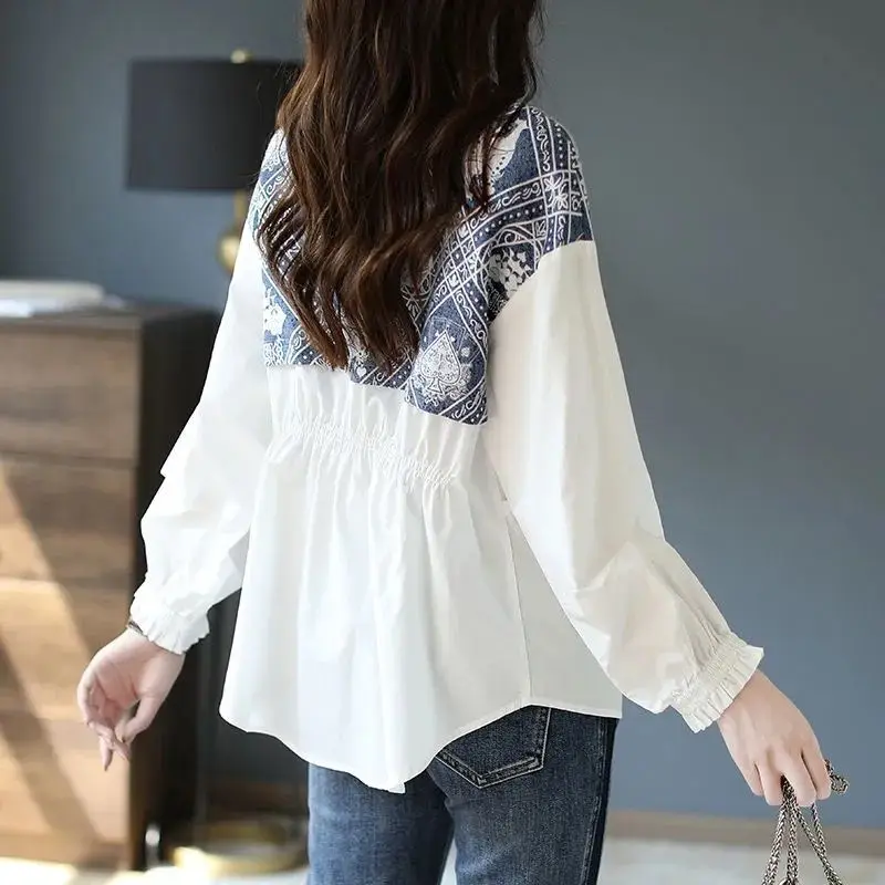 Korean Version Loose Splicing Long Sleeve Shirt for Women\'s Spring Autumn New Loose Slimming Artistic Style Casual Versatile Top