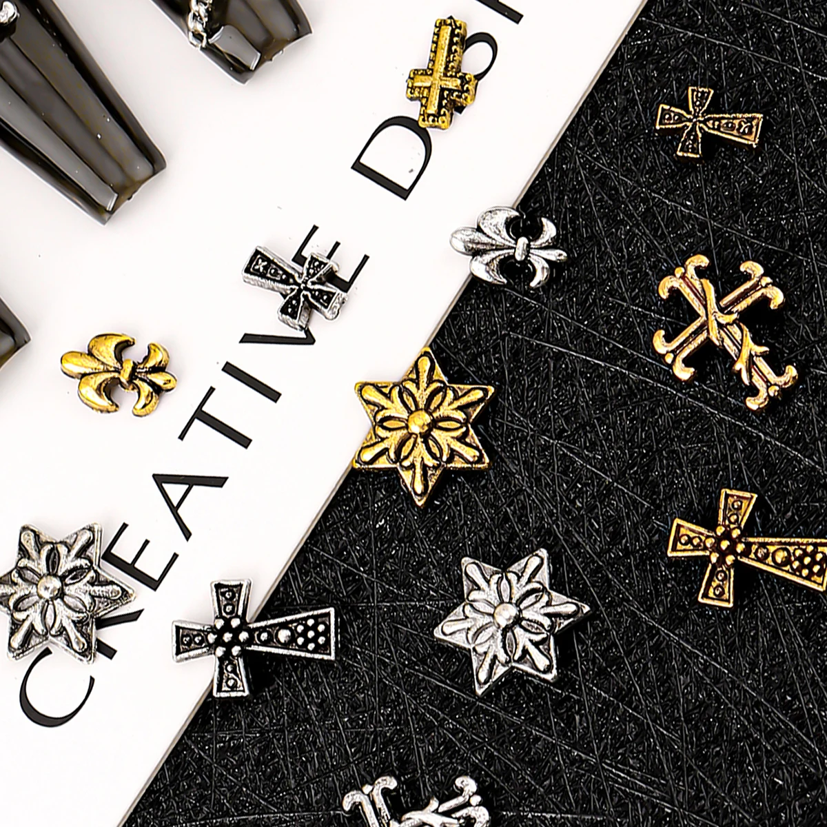 120pcs / 1 box Dark vintage Cross nail or y2k Advanced Metal Style Alloy Cross Nail patch Gold & Silver Cross Decor Set