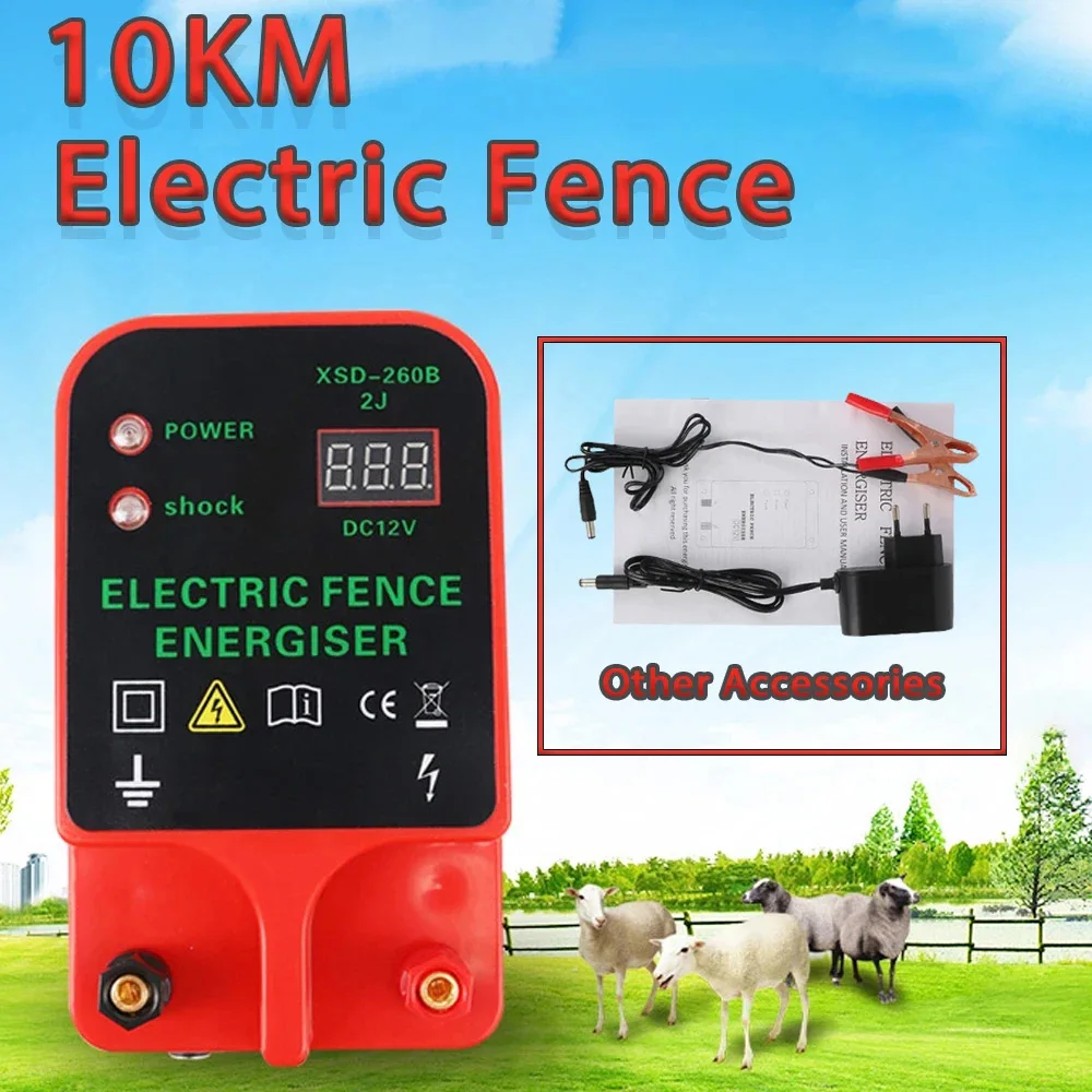 Electric Fence Energizer LCD Livestock 10KM Waterproof High Alarm Voltage Display Pulse Controller Voltage Display Farm Safety