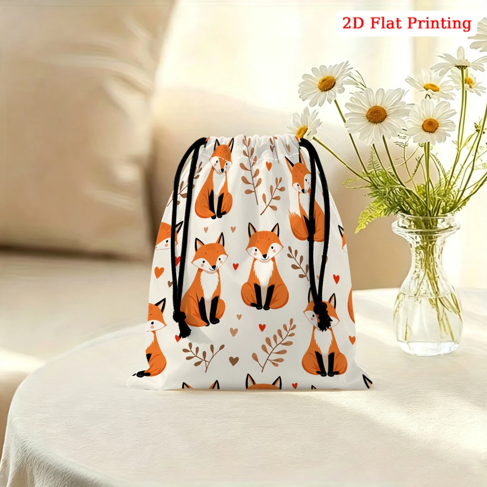 1pc Cute Fox Pattern Drawstring Bag White Animal Print Storage Small Pouch For Glasses Cosmetics Travel Organizer Portable Gift