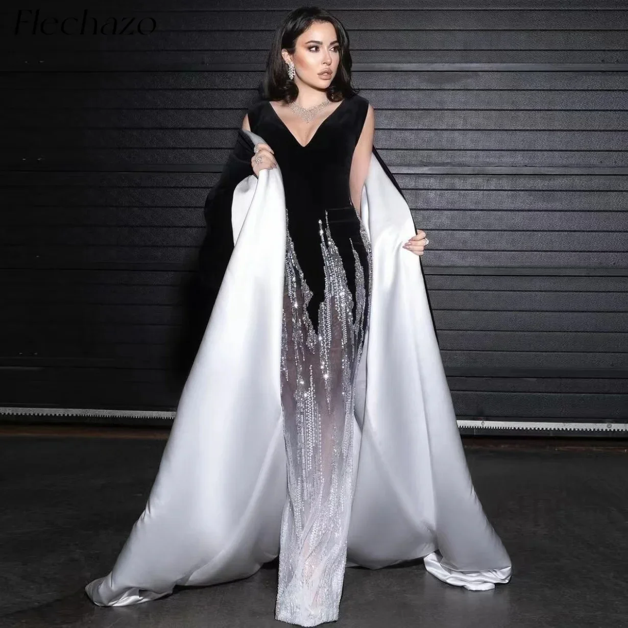 Flechazo Evening Dresses Two Piece V Neck Beaded Illusion Celebrity Formal Occassion Dress For Women 2024 vestidos de noche