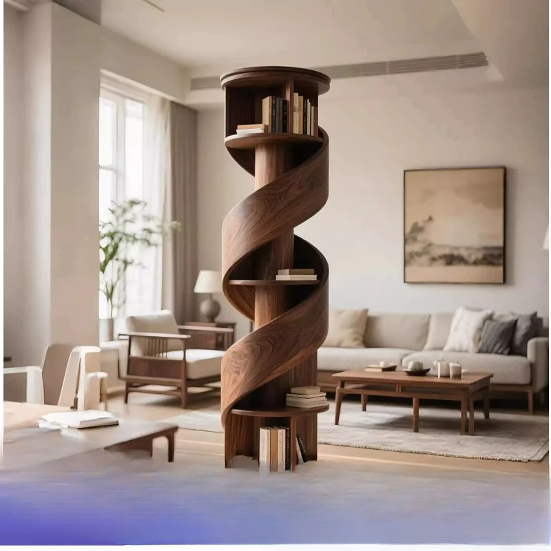 

New Chinese-style North American black walnut spiral bookshelf, Song-style aesthetic special-shaped rotating bookshelf