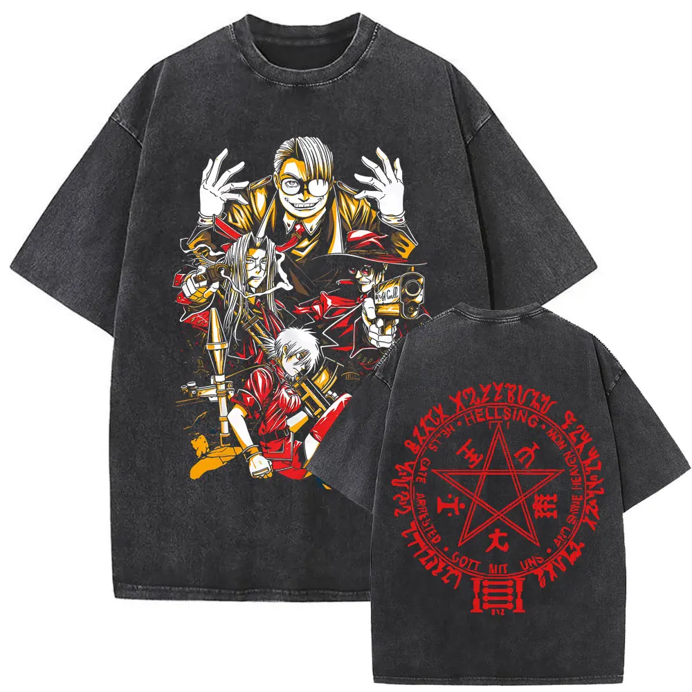 

Washed Vintage Anime Hellsing Abraham Van Helsing Vampire Alucard Graphic T-shirts Men Women Cartoon Manga Oversized T Shirts