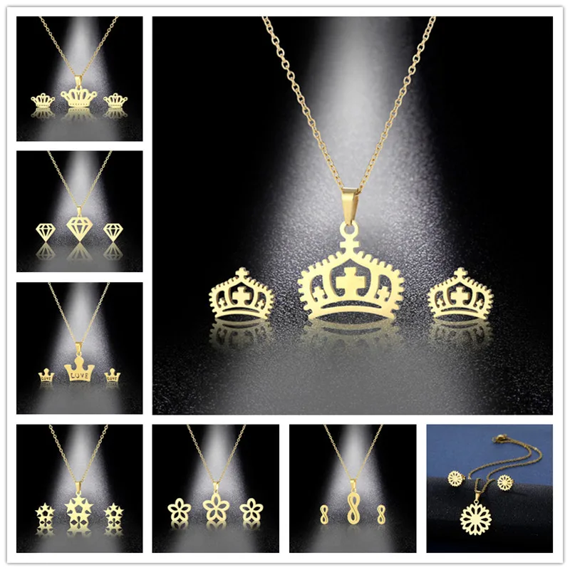 45cm Stainless Steel Gold Plated Earring Necklace Set For Women Man Crown Lucky 8 Choker Pendant Necklace Engagement Jewelry Set