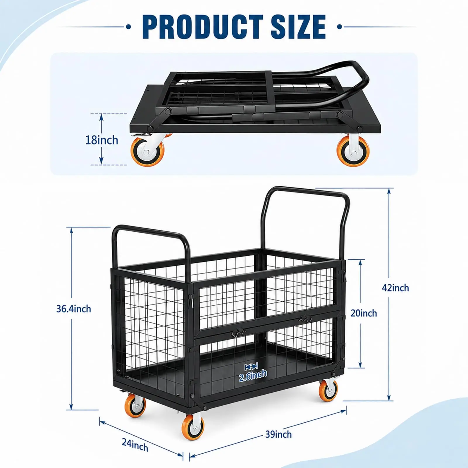 6-in-1 Platform Truck with Cage, 2000lbs Foldable Flatbed Cart