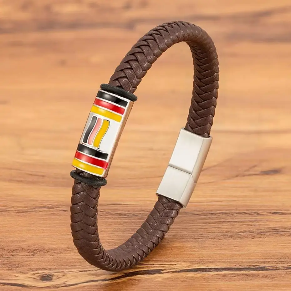 XQNI Germany National Flag Men Leather Bracelet Braided Magnetic Clasp Bangle Leather Jewelry Gift for Men Daily Wear Accessory
