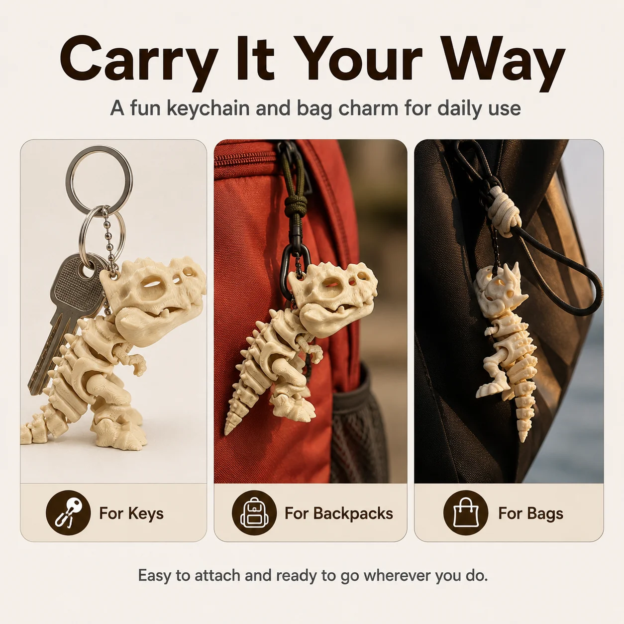 3D-Printed T-Rex Skeleton Model – Articulated/Posable, Stress-Relieving Dinosaur-Themed Keychain