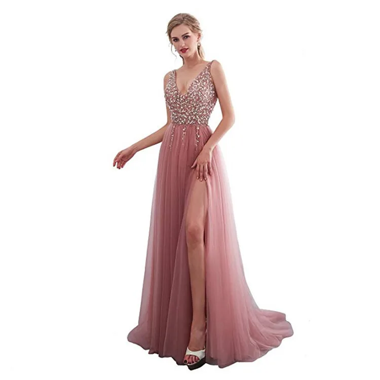 

2025 New Women's Fashion Socialite Temperament Sequin Slit Sexy V-Neck Backless Evening Dress Long Skirt