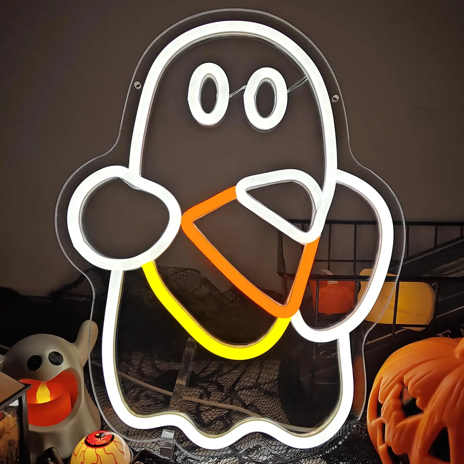 

Candy Corn Halloween LED Neon Sign Spooky Wall Decor USB Dimmable Light for Window Porch Home Party Halloween Gift Indoor Decor