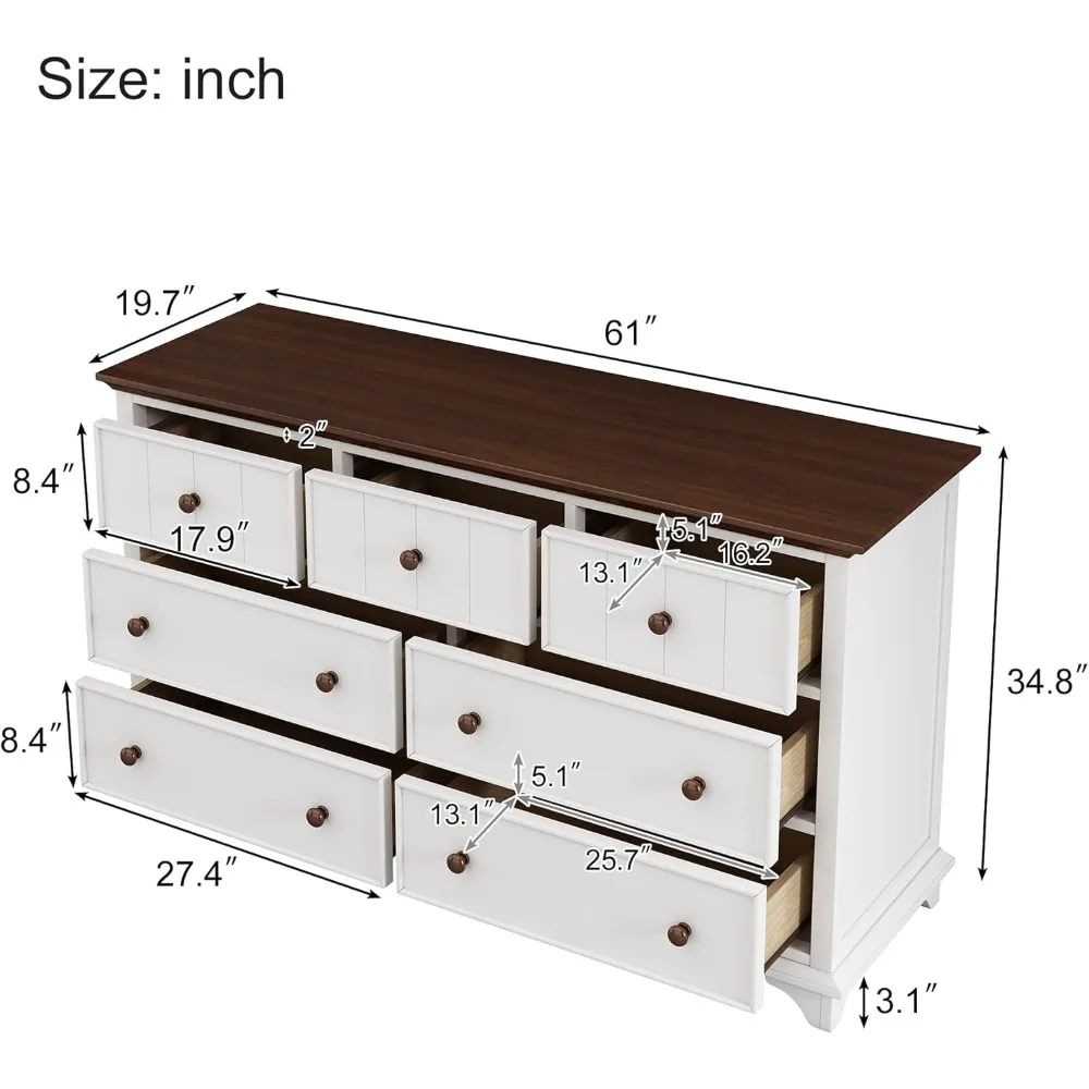 Dresser, 7 Drawers with 4 Large Drawers and 3 Small Drawers, Walnut Top, Wooden Clothes Organizer, Wooden Dresser