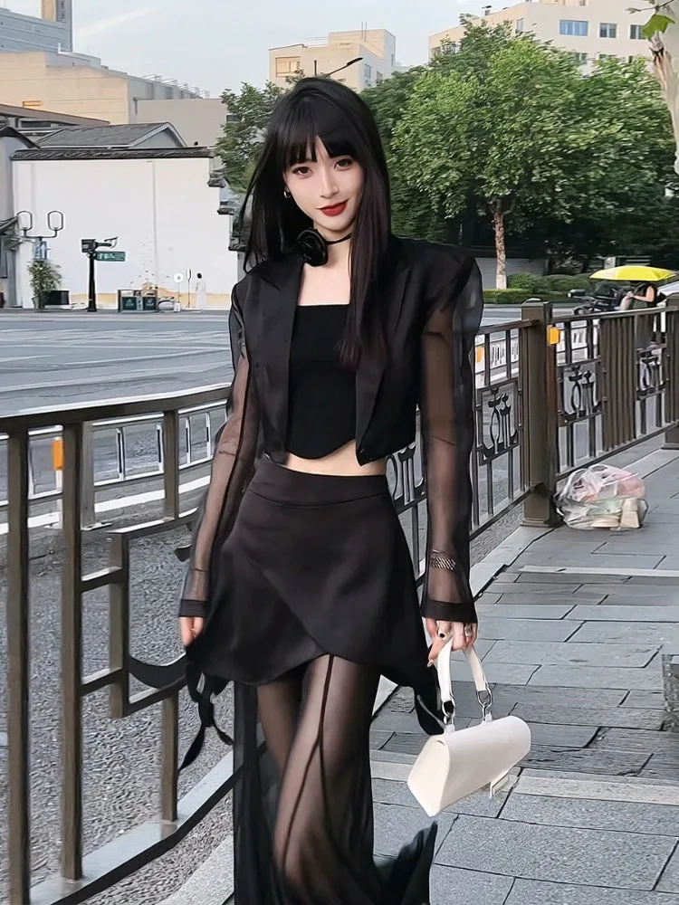 See Through Blazers Women Harajuku Street Style Solid Korean Coats Feminine Elegant All-match Slim Summer Simple Outwear Crops