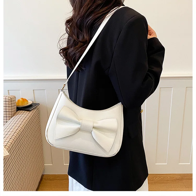 Simple Bow Thread Design PU Shoulder Bags for Women Versatile Solid Color Ladies Phone Bag Lightweight Portable Female Handbag