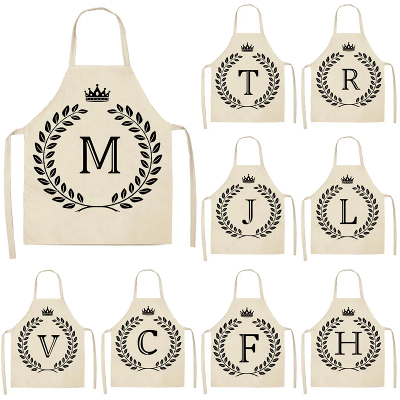 1Pc Simple Crown Letter Printed Kitchen Chef Apron for Woman Man Cotton Linen Aprons For Cooking Home Cleaning Tools 55x68cm